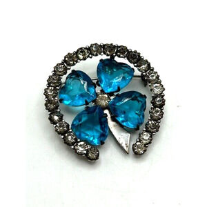 Vintage Blue & White Rhinestones Heart Floral Horseshoe Brooch Pin